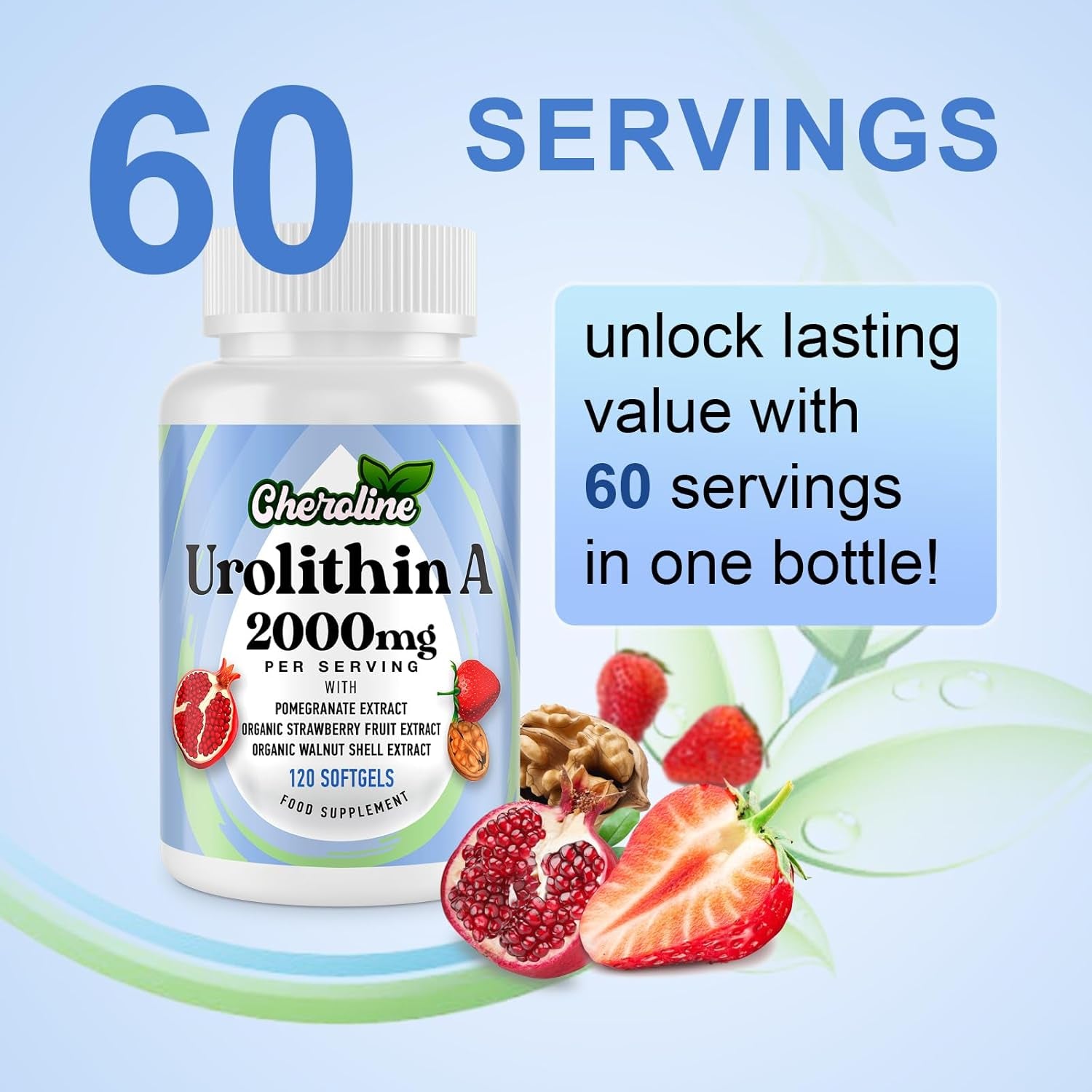 Urolithin a Supplement 2000Mg - 120 Softgels 60-Day Supply - Enhanced with Pomegranate, Strawberry, and Walnut Extracts - for Mitochondria, Energy, Antioxidants & Cellular (120 Count (Pack of 1))