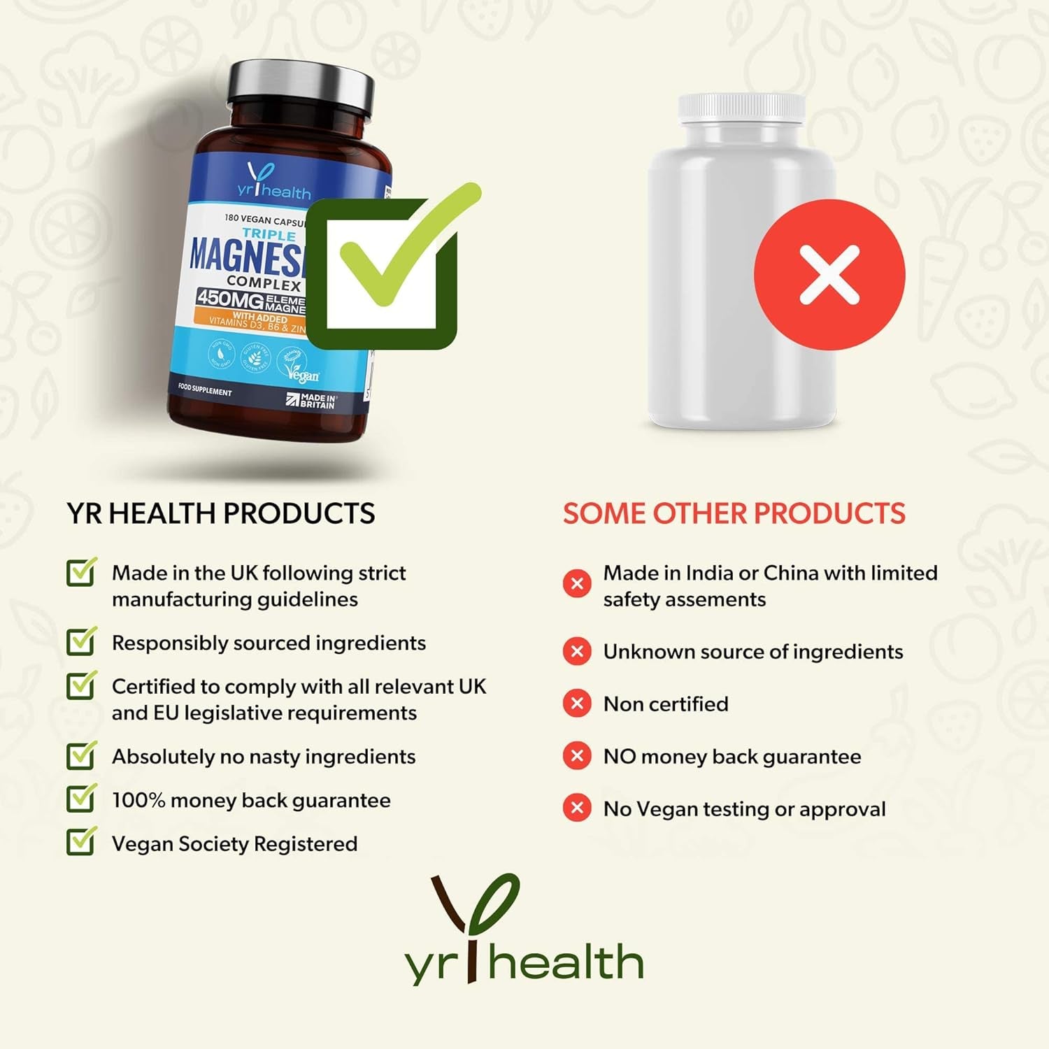 Vegan Magnesium Supplements with Zinc, 180 Capsules, Triple Magnesium Complex Supplement plus Vitamin D, B6 & Copper, Vegan Society Registered, Made in the UK by Yrhealth
