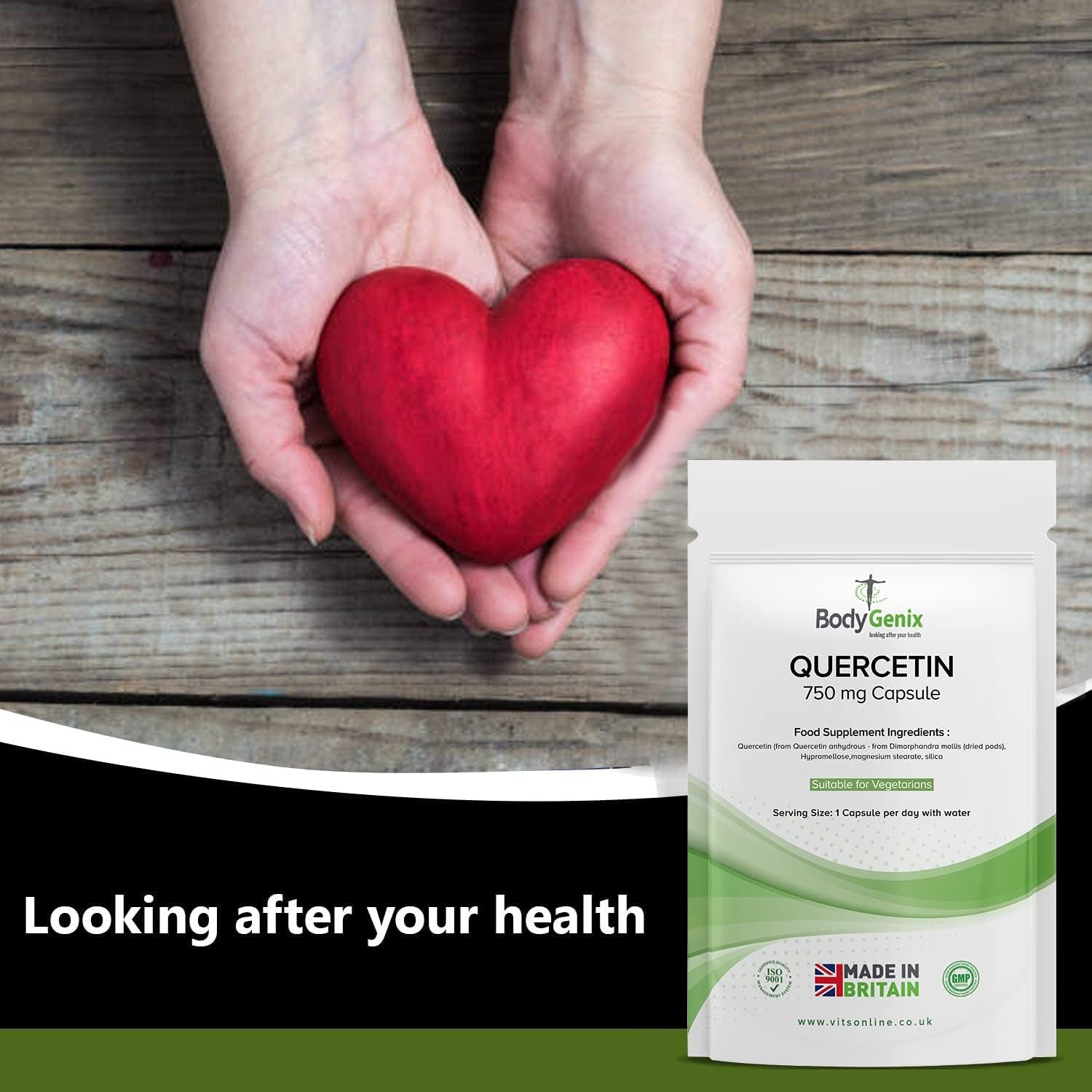 Bodygenix Quercetin 750Mg Capsules - Immune System Brain Cardiovascular Health Joints Support Energy Boost Natural Vegan Supplement - 30 Capsules 1 Month Supply