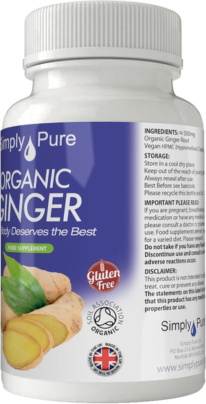 Simply Pure Organic Ginger for Digestive Health & Inflammation | 500 Mg X 90 Capsules | 100% Pure Soil Association Certified | Gluten Free | GM Free | Vegan