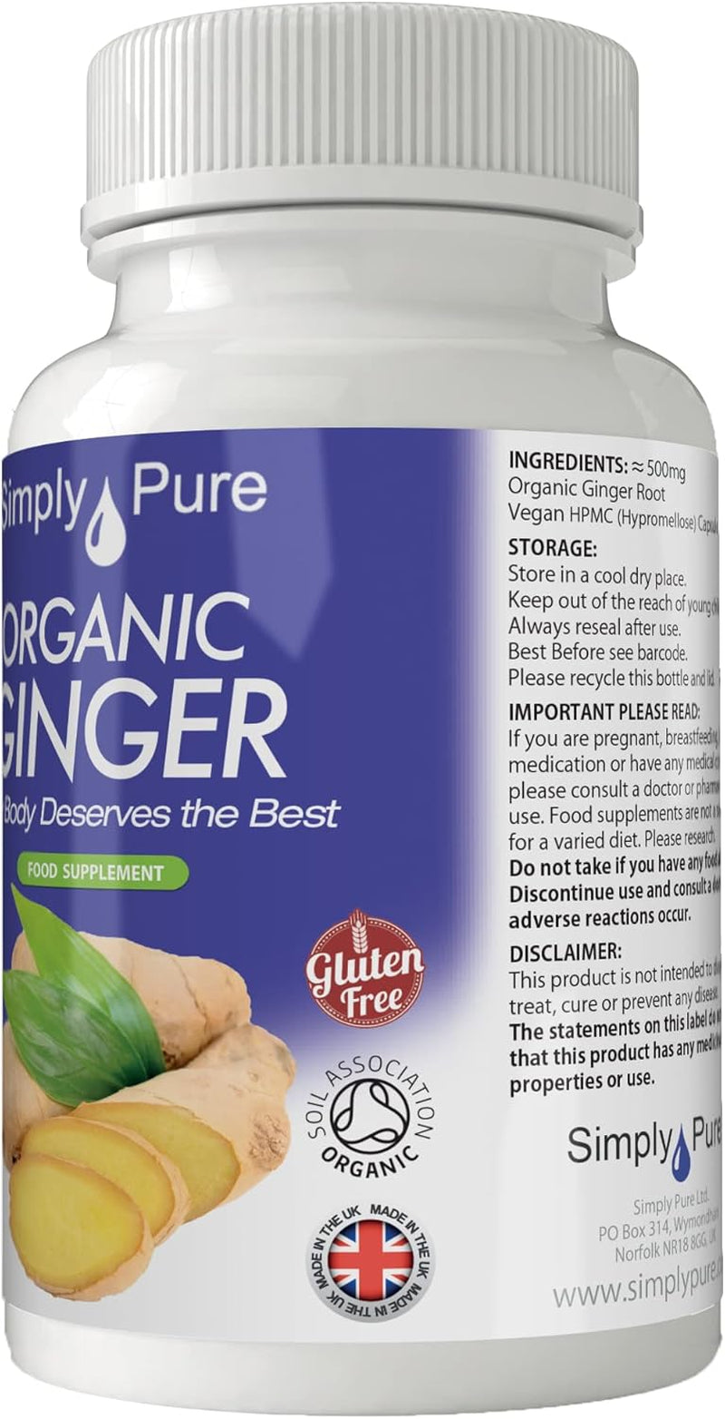 Simply Pure Organic Ginger for Digestive Health & Inflammation | 500 Mg X 90 Capsules | 100% Pure Soil Association Certified | Gluten Free | GM Free | Vegan