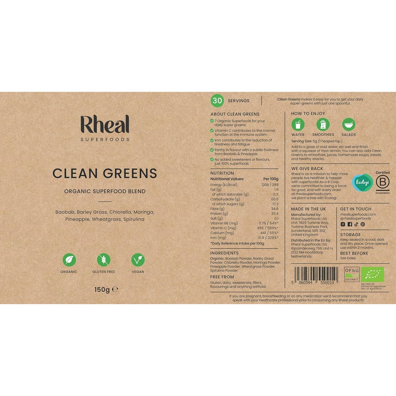 Rheal Clean Greens 150G | 30 Servings | Daily Source of Nutritious Greens | Supports Energy, Immunity & Digestion | 100% Organic & Gluten Free | Plant Based | Certified B Corp