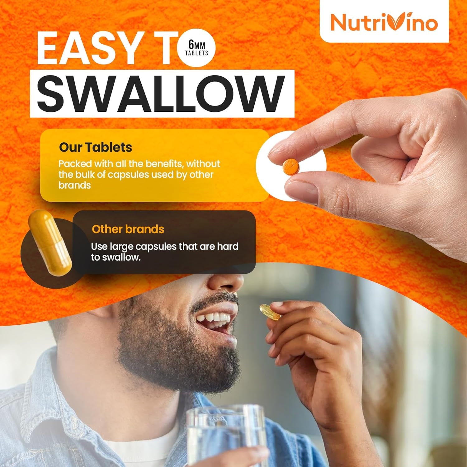 Turmeric Tablets 5000Mg with Black Pepper | 95% Curcumin Extract | 180 Easy to Swallow Tiny Turmeric and Black Pepper Tablets | Vegan & Cruelty-Free | Supplements for Men and Women by Nutrivino