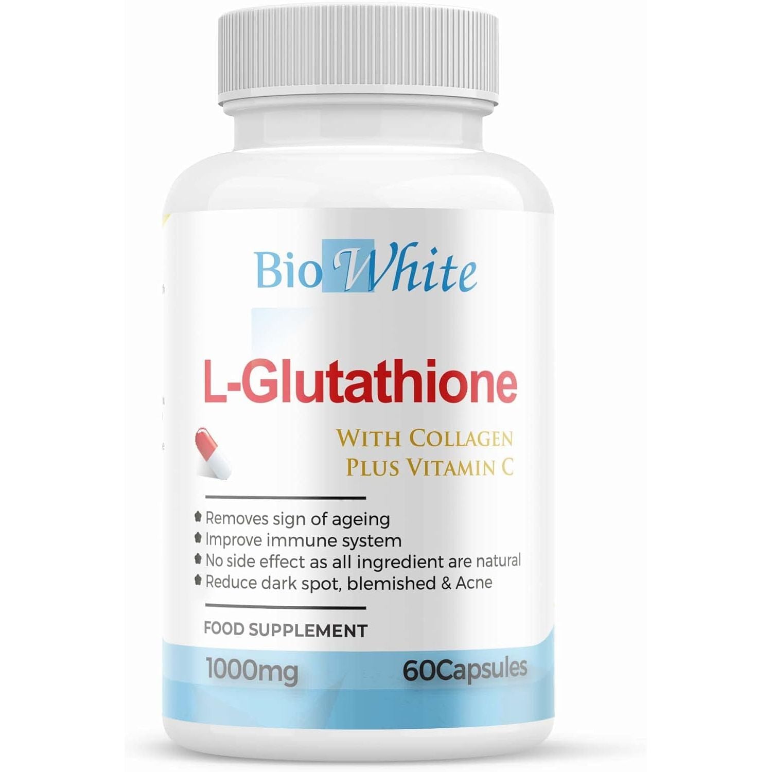 Bio White Glutathione Supplement - Natural Skin Whitening Anti-Aging Benefits and Improves Immunity, L-Glutathione Pills for Men & Women - Pure Antioxidant, 60 Capsules (1000Mg)