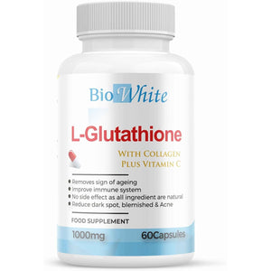 Bio White Glutathione Supplement - Natural Skin Whitening Anti-Aging Benefits and Improves Immunity, L-Glutathione Pills for Men & Women - Pure Antioxidant, 60 Capsules (1000Mg)