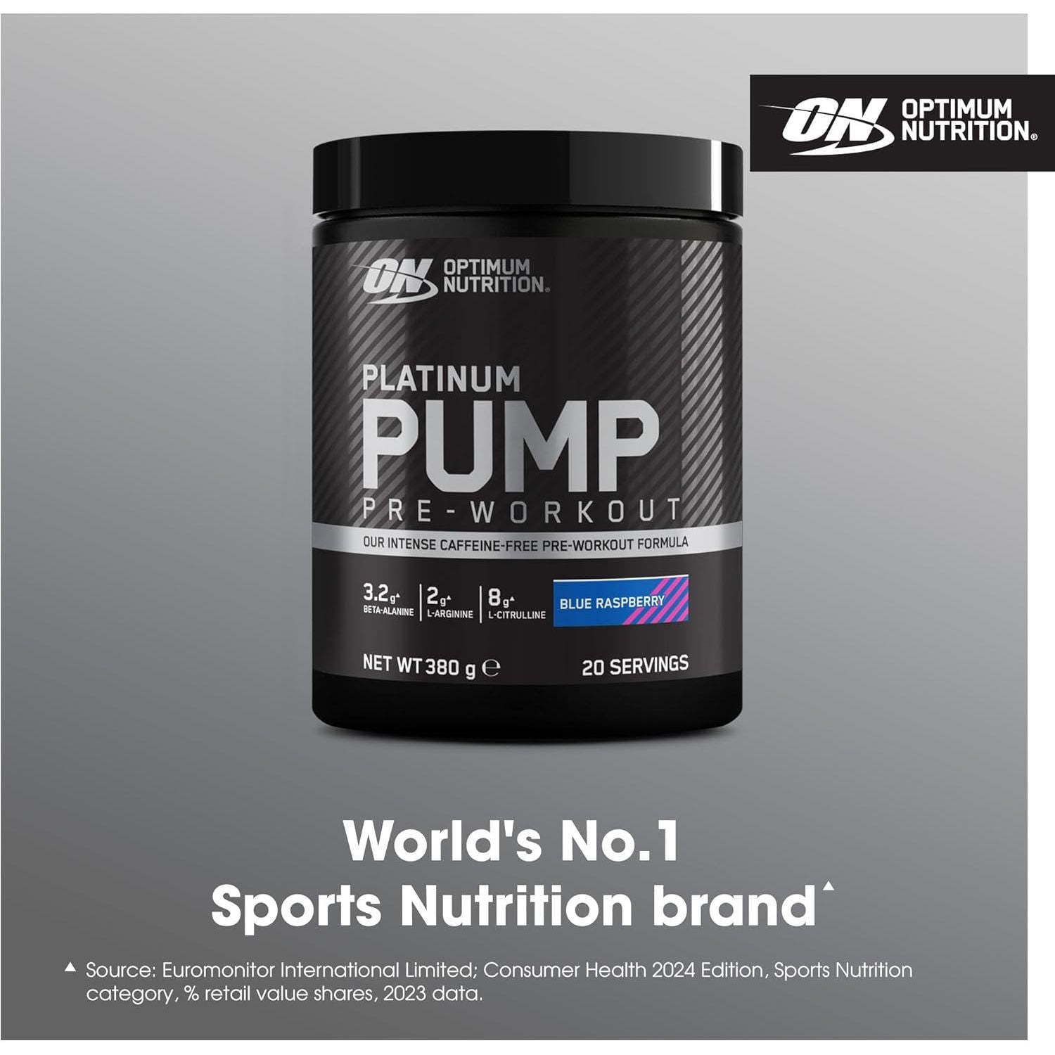 Optimum Nutrition on Platinum Pump Pre-Workout, Intense Caffeine-Free Pre-Workout Food Supplement with Fruitflow, Beta-Alanine, L-Arginine, L-Citrulline, Blue Raspberry Flavour, 20 Servings, 380 G