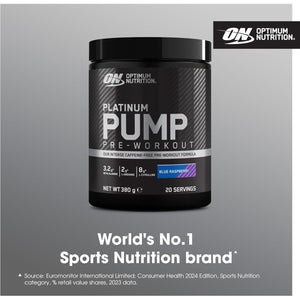 Optimum Nutrition on Platinum Pump Pre-Workout, Intense Caffeine-Free Pre-Workout Food Supplement with Fruitflow, Beta-Alanine, L-Arginine, L-Citrulline, Blue Raspberry Flavour, 20 Servings, 380 G