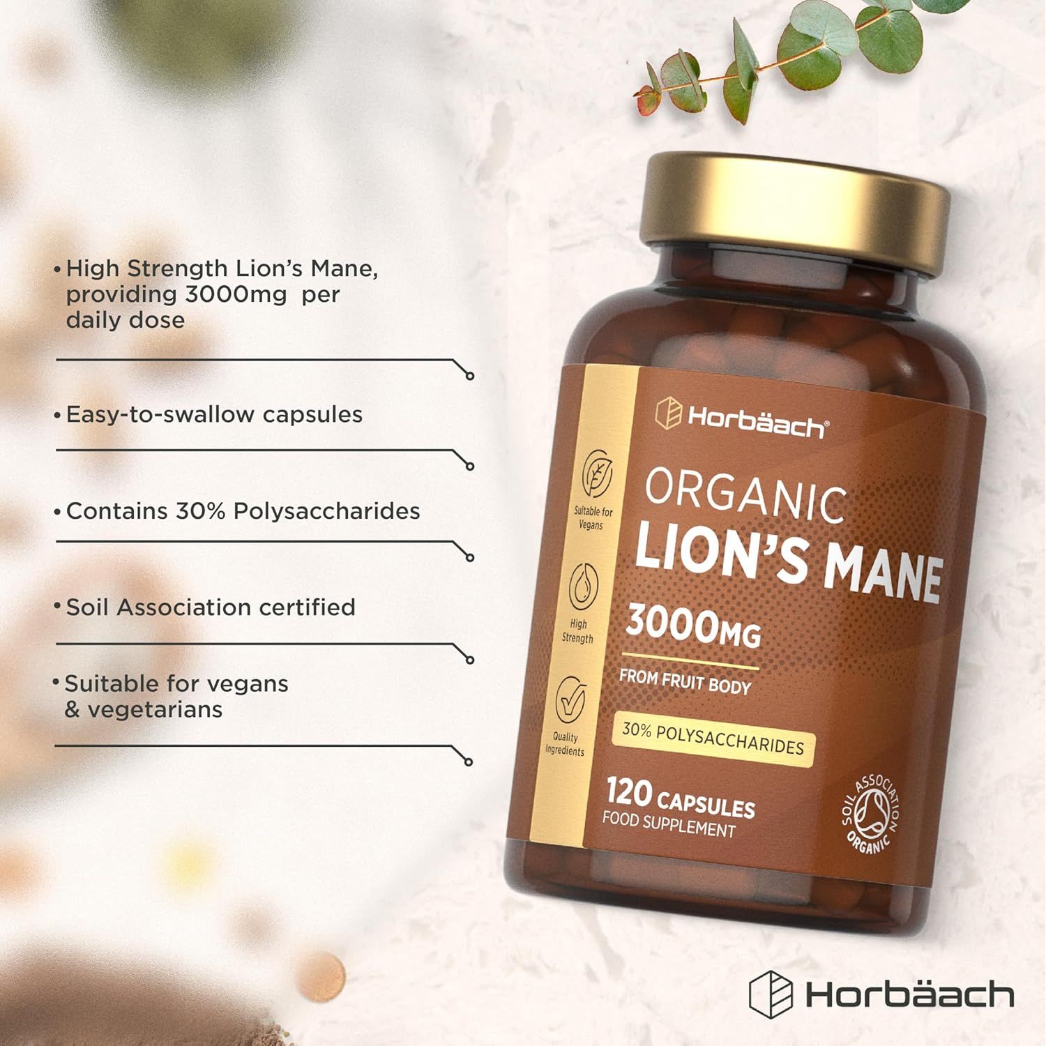 Organic Lions Mane Supplement 3000Mg | High Strength | Certified Organic by the Soil Association | Mushroom Fruiting Bodies Extract | 120 Vegan Capsules | by Horbaach