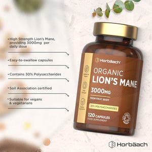 Organic Lions Mane Supplement 3000Mg | High Strength | Certified Organic by the Soil Association | Mushroom Fruiting Bodies Extract | 120 Vegan Capsules | by Horbaach