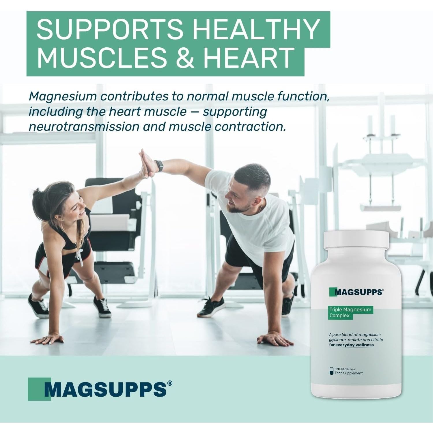 MAGSUPPS Triple Magnesium Complex for Muscles, Calm, Sleep & Energy - 300Mg of Pure Magnesium Glycinate, Malate & Citrate - 120 Capsules - 40 Servings - UK Made - Lab Tested - No Fillers