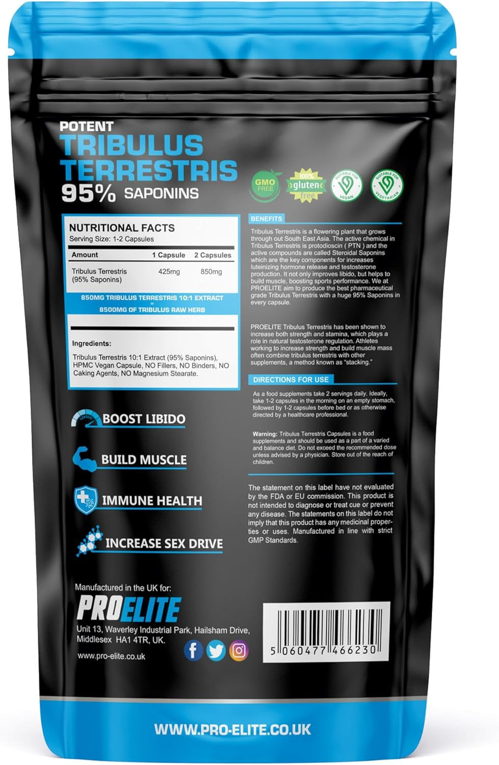 Tribulus Terrestris Extract 8500Mg 180 Vegan Capsules 95% Saponins - Test Booster Pills Increase Testosterone for Muscle Growth, Strength Tribulus Terrestris Tablets Powder Alternative by PROELITE