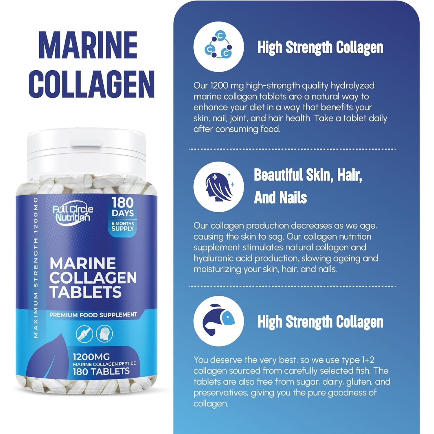 Marine Collagen Tablets 1200MG - 2400MG - 180 Days Supply - Marine Collagen Supplement