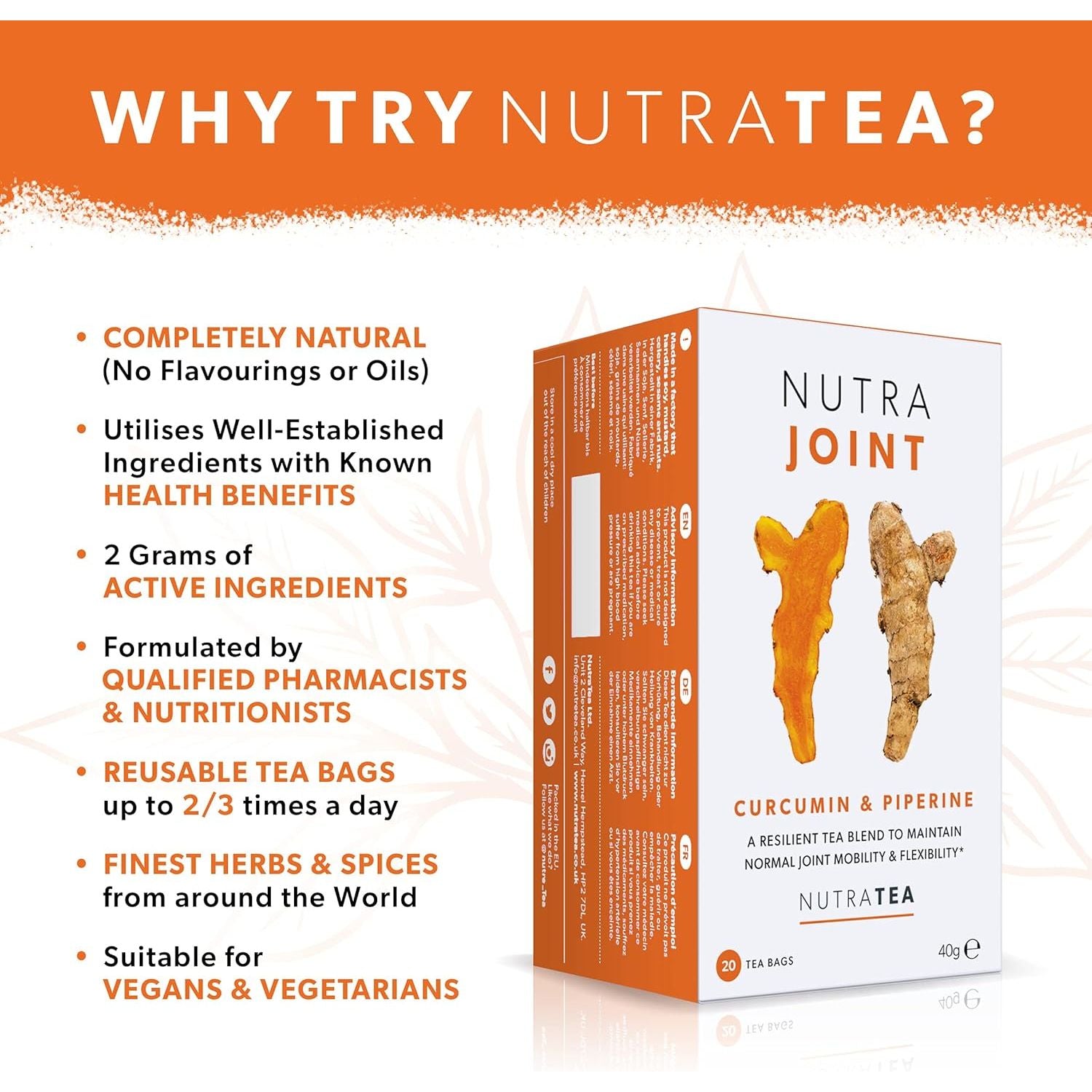 NUTRAJOINT - Joint Care Tea | Helps Improve Mobility & Flexibility - with Turmeric, Green Tea & Black Pepper - 20 Enveloped Tea Bags - by Nutra Tea