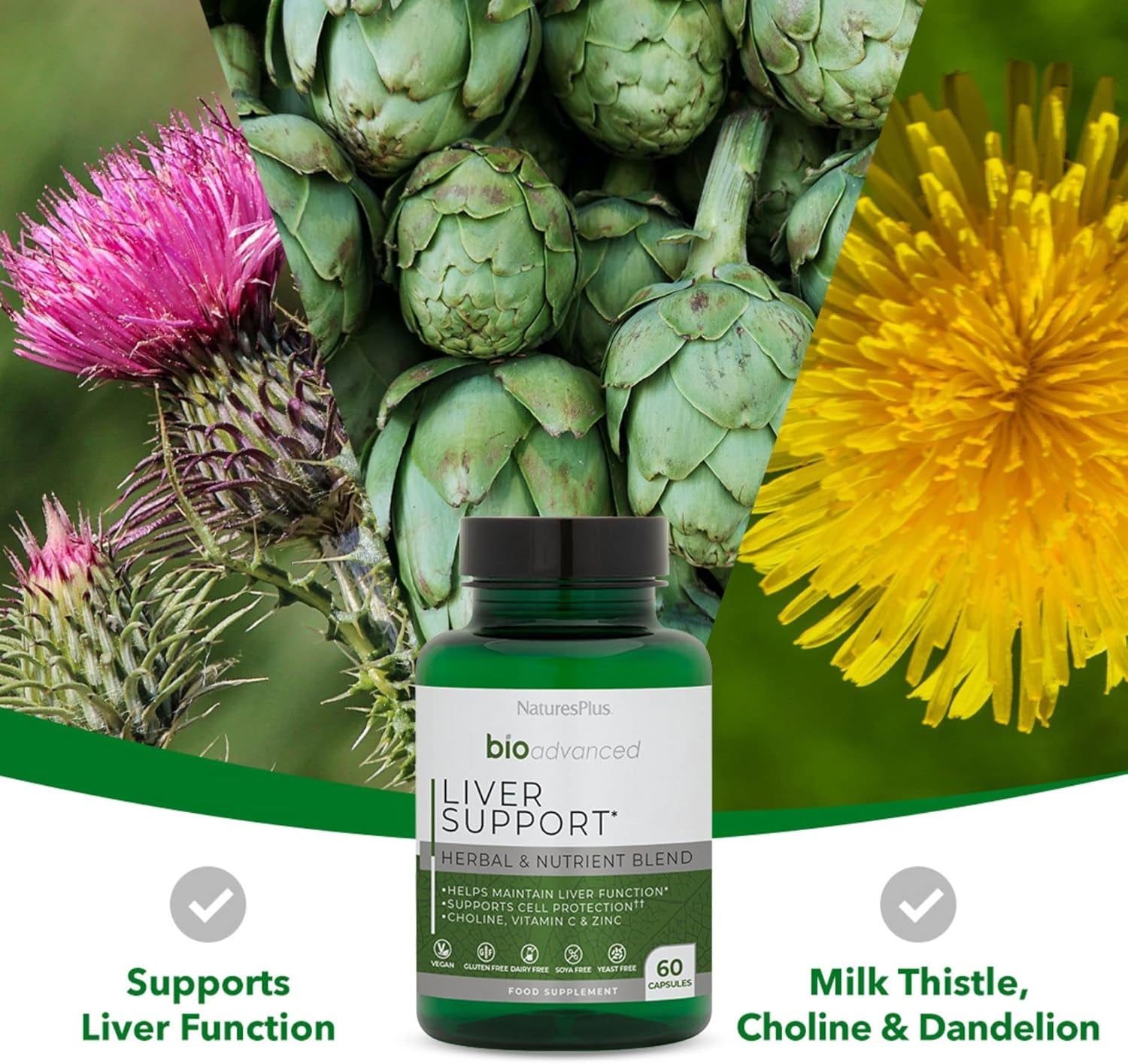 Naturesplus Bio Advanced Liver Support - Liver Health Supplement with Turmeric, Artichoke, Milk Thistle, Dandelion, Choline and Methyl Bs - Gluten, Dairy and SOYA Free - Vegan, 60 Capsules