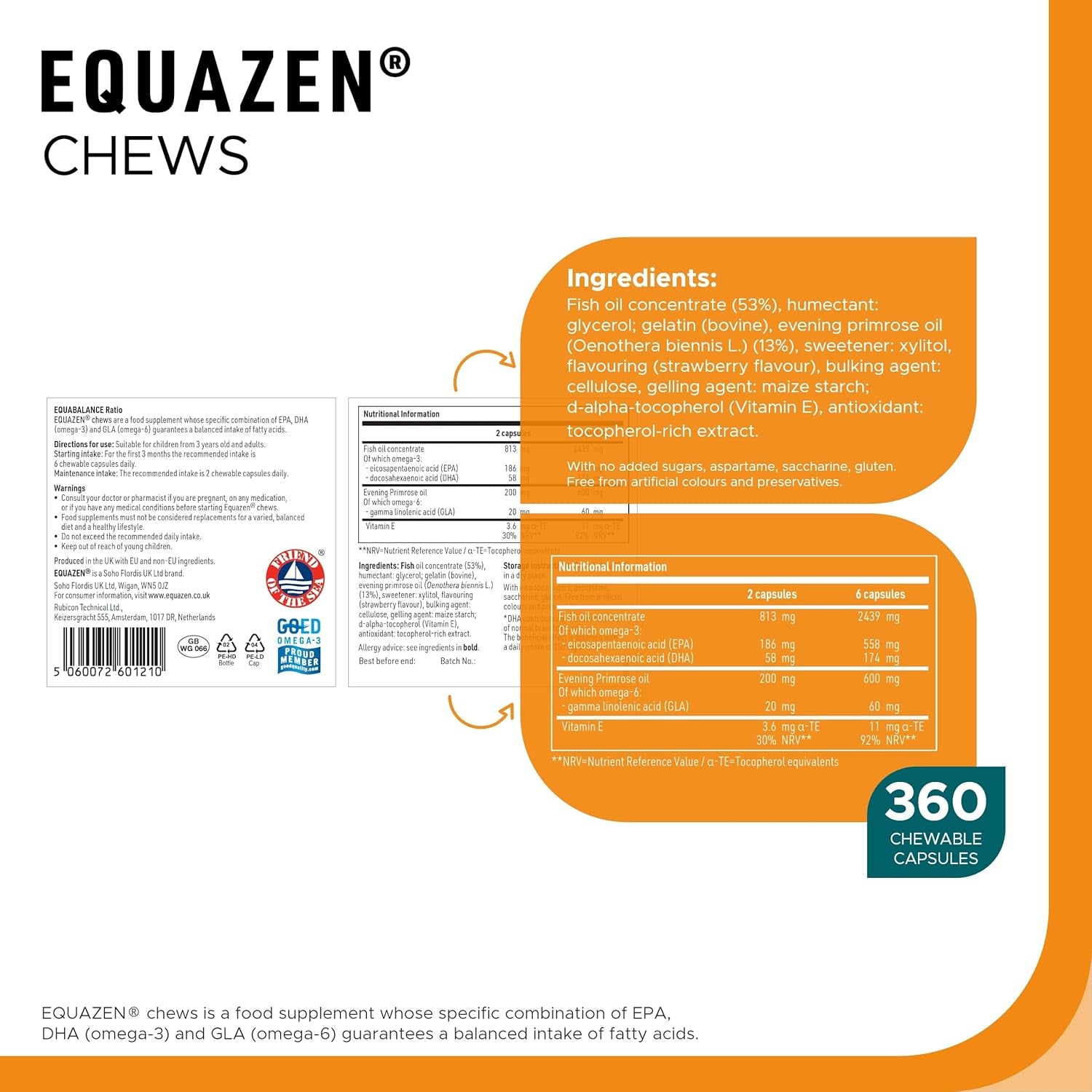 Equazen Strawberry Chews, Omega 3 and 6 Supplement, Blend of DHA, EPA and GLA, Supports Brain Function, Suitable for Children from 3+ to Adults, 360 Count (Pack of 1)