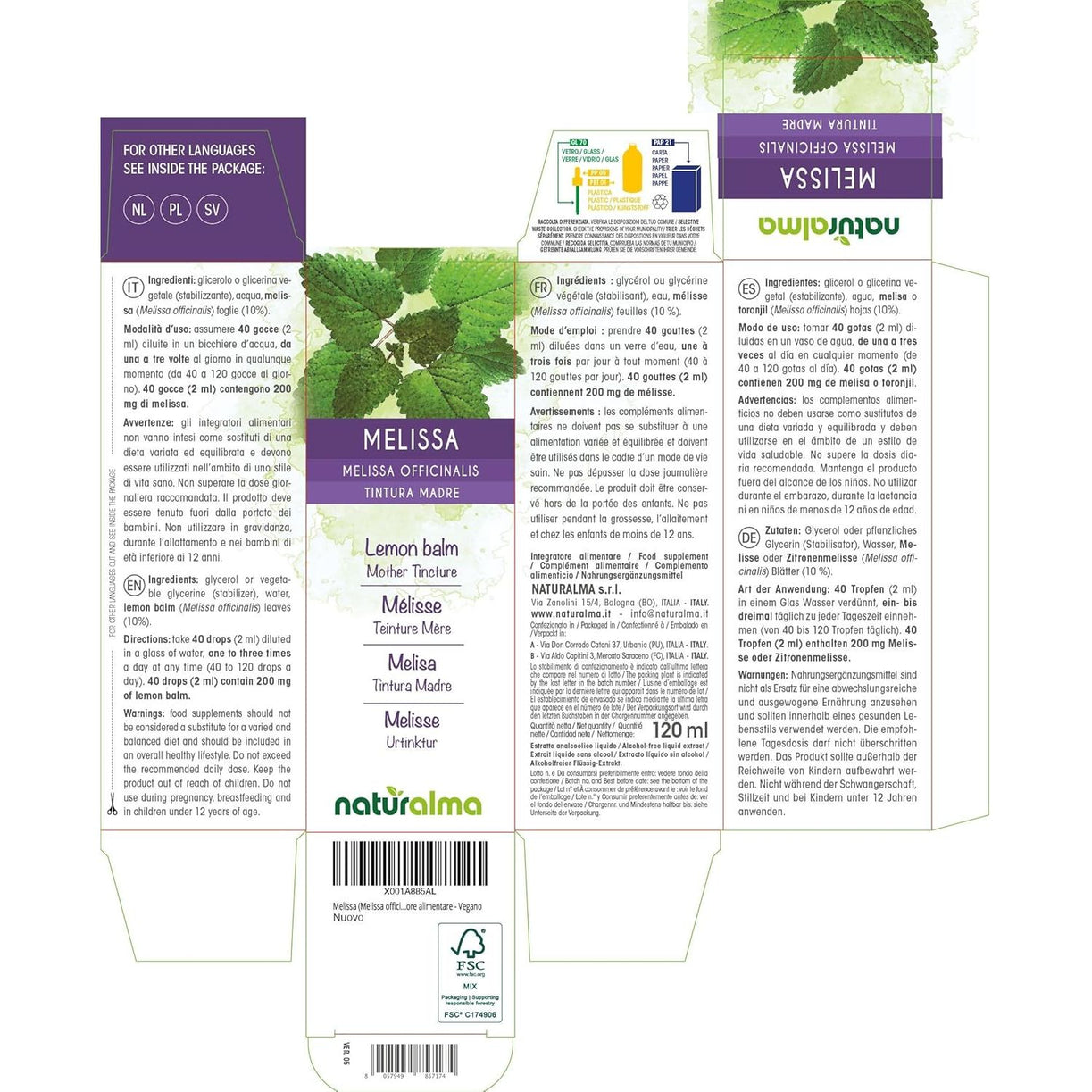 Lemon Balm (Melissa Officinalis) Leaves Alcohol-Free Mother Tincture Naturalma - Liquid Extract Drops 120 Ml - Food Supplement - Vegan