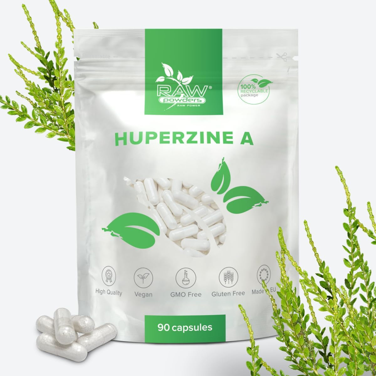 Huperzine a 225Mcg, 90 Caps – Memory & Cognitive Support – Pure Ingredients, GMO & Gluten Free – GMP Certified Nootropic Supplement by Raw Powders