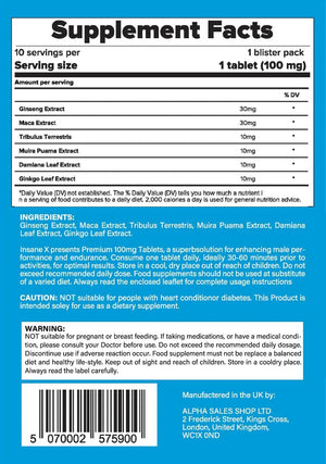 10 INSANE X Premium - Extra Strong Pills for Men UK - Natural Fast-Acting Maca Ginseng Tablets for Men - for Enhanced Performance