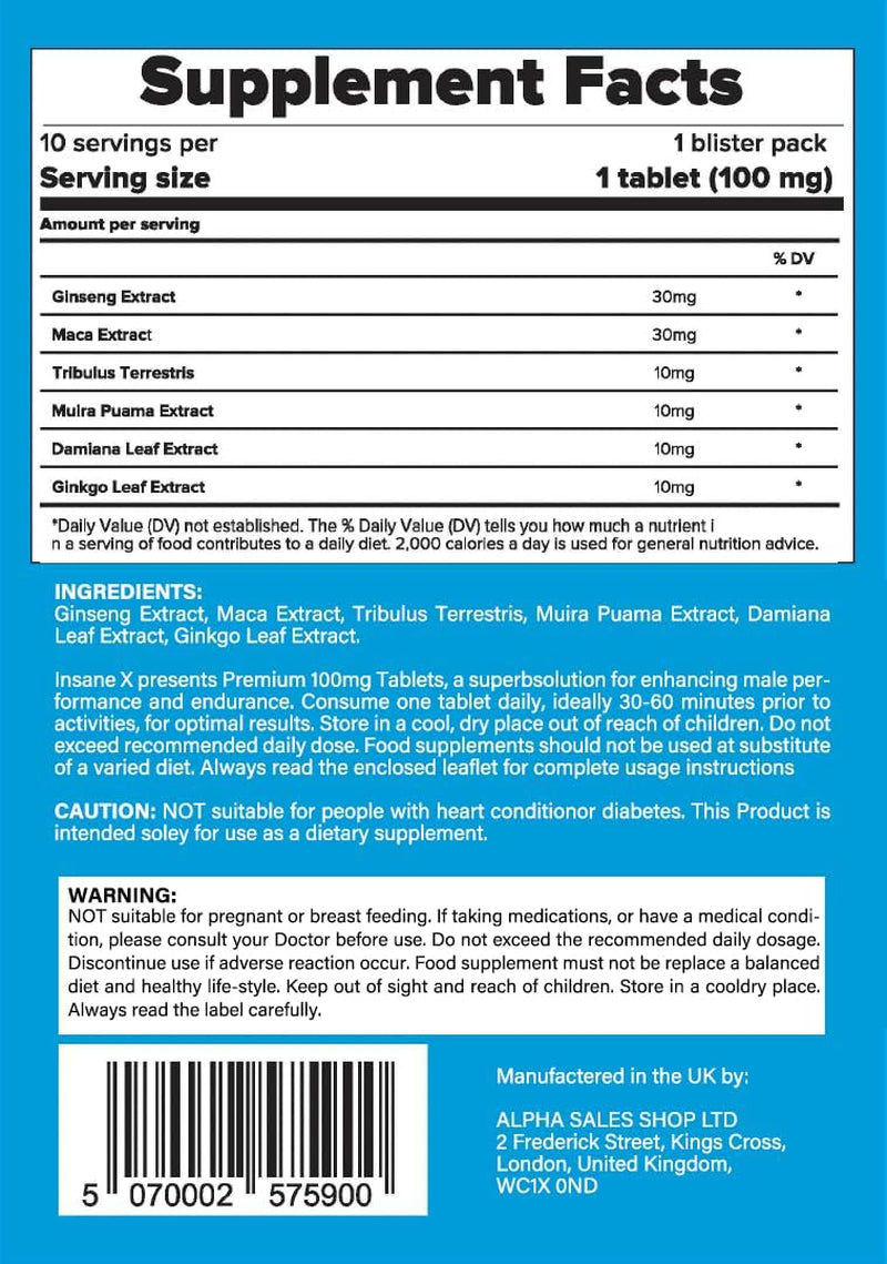 10 INSANE X Premium - Extra Strong Pills for Men UK - Natural Fast-Acting Maca Ginseng Tablets for Men - for Enhanced Performance