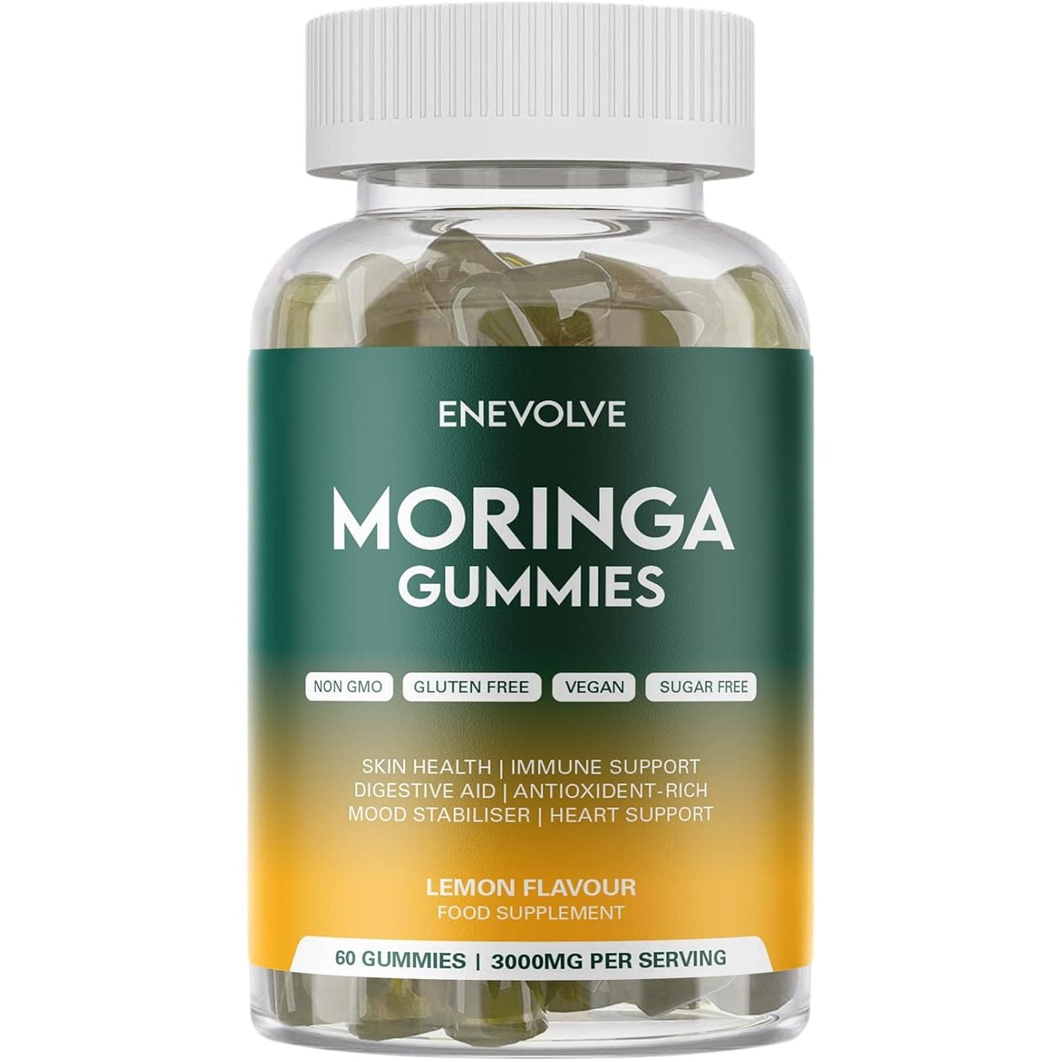 Enevolve Pure Moringa Leaf Gummies Supplement 3000Mg, High Strength, Skin Booster, Mood Stabaliser, Immune Support, Sugar Free, Lemon