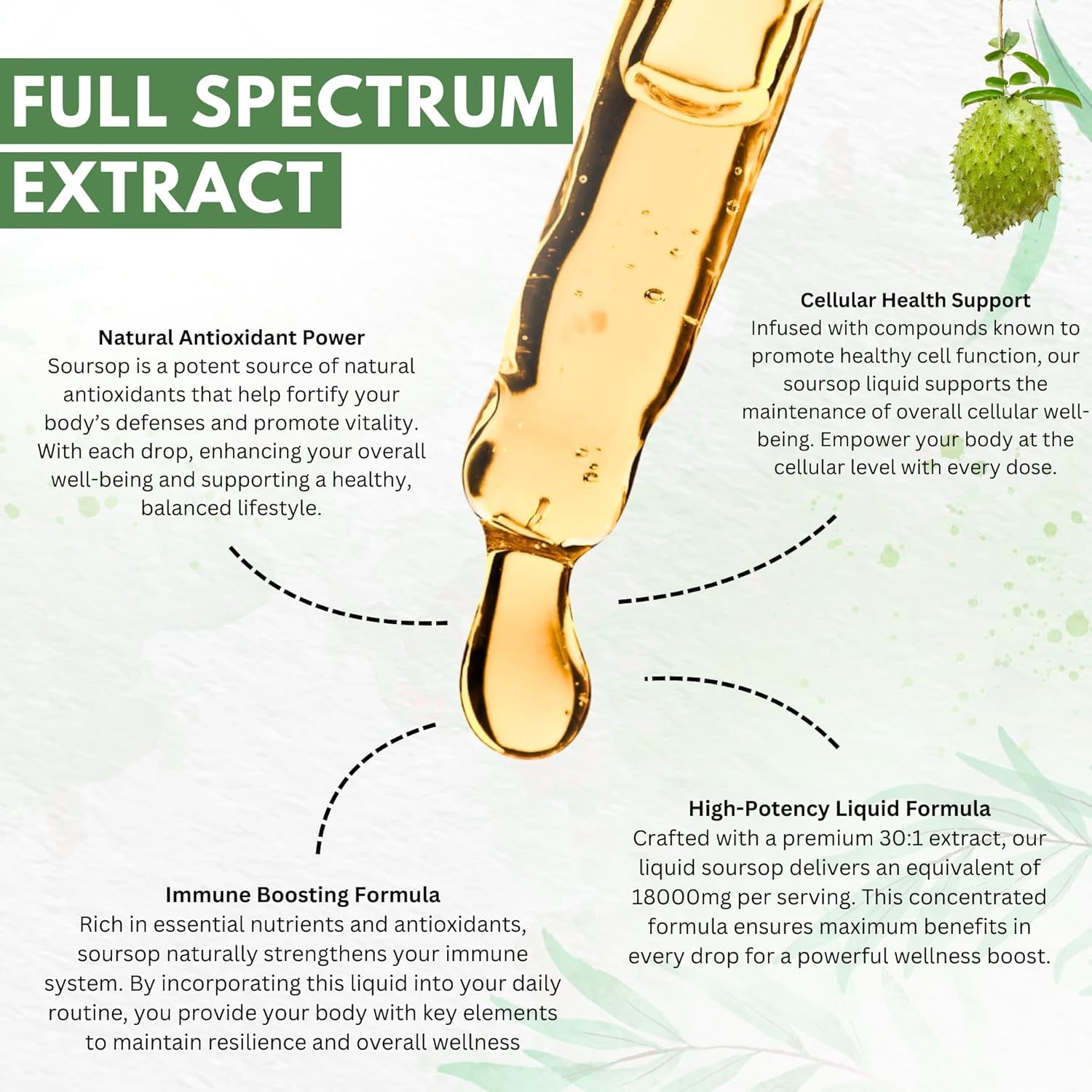 Organic Soursop Drops for Cell Support & Regeneration | High Strength 600Mg per Serving (30:1 Extract Equiv. to 18000Mg) | Potent Antioxidant & Immune Support - One Month Supply - 60Ml