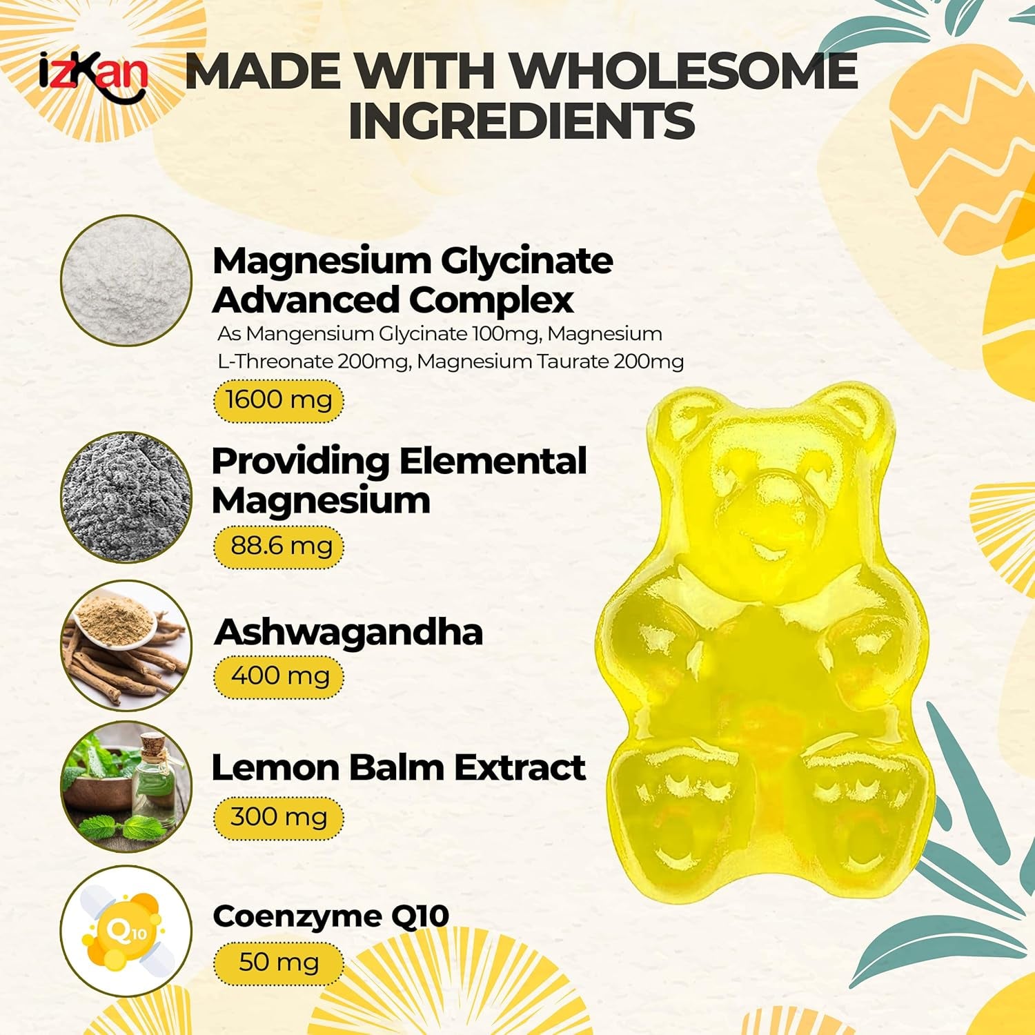 Magnesium Glycinate Gummies 800Mg - Sugar Free Magnesium Supplement with Ashwagandha, Lemon Balm Extract & Coq10 for Calm Mood & Muscle, Sleep Support - 60 Gummies (Pineapple Flavor) (1)