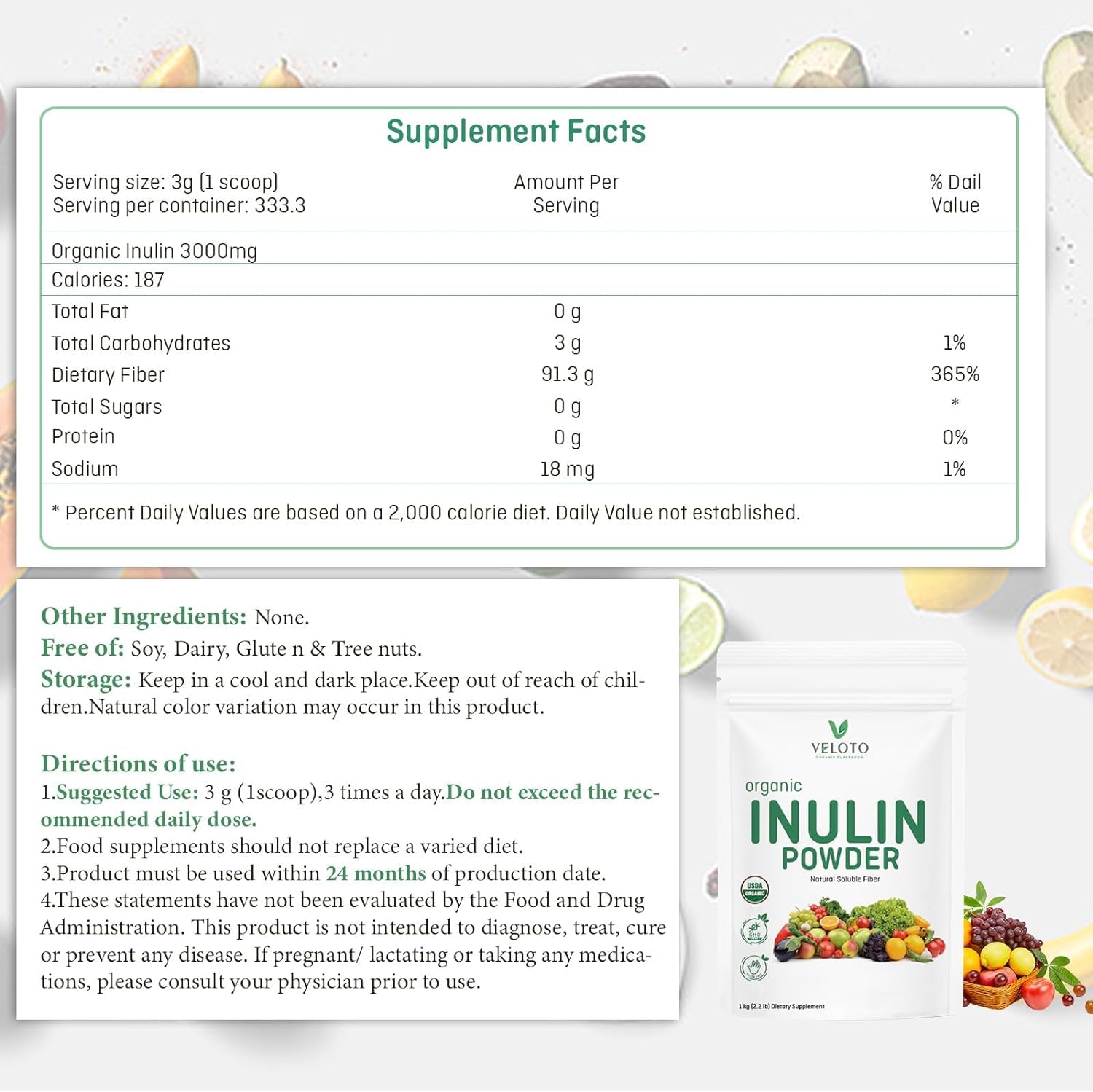Organic Inulin Powder, Soluble FOS Inulin, Fiber Prebiotic Intestinal Support, Enhances Calcium Absorption, Vegan Friendly, Non GMO, Natural Fibers for Smoothie & Drinks, 2.2 Lbs/1 Kg