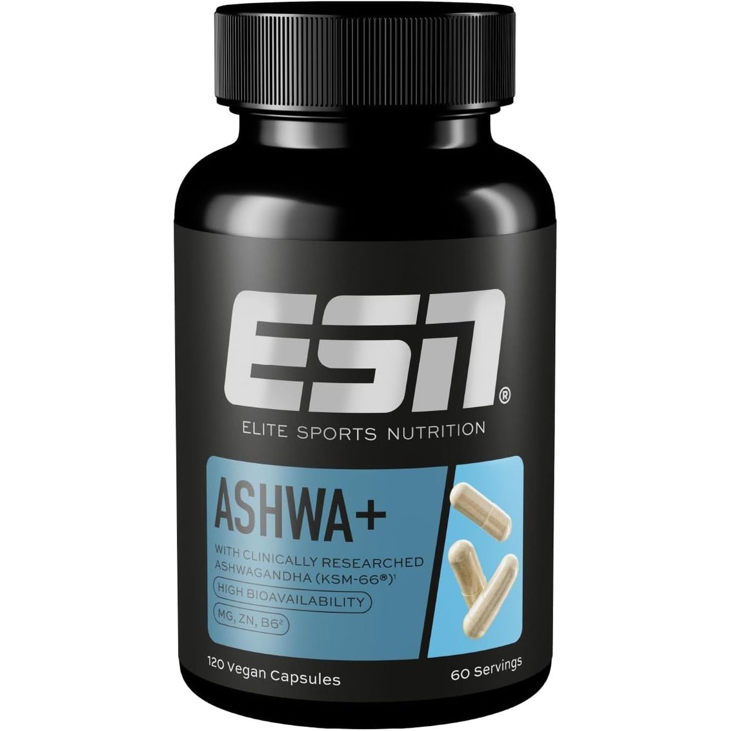ESN Ashwa+, 120 Vegan Capsules - 600 Mg Ashwaganda Root Extract per Serving - 60 Servings, 2 Months Supply - Ashwagandha KSM-66 - Non-Gmo