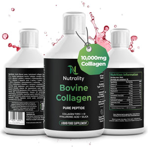 Nutrality Bovine Collagen Sugar Free Liquid | 10,000Mg Type 1 Peptides | Collagen Peptides, Hyaluronic Acid, Biotin | Strawberry Flavour | Healthy Skin, Hair, Nails | 500Ml (1 Bottle)