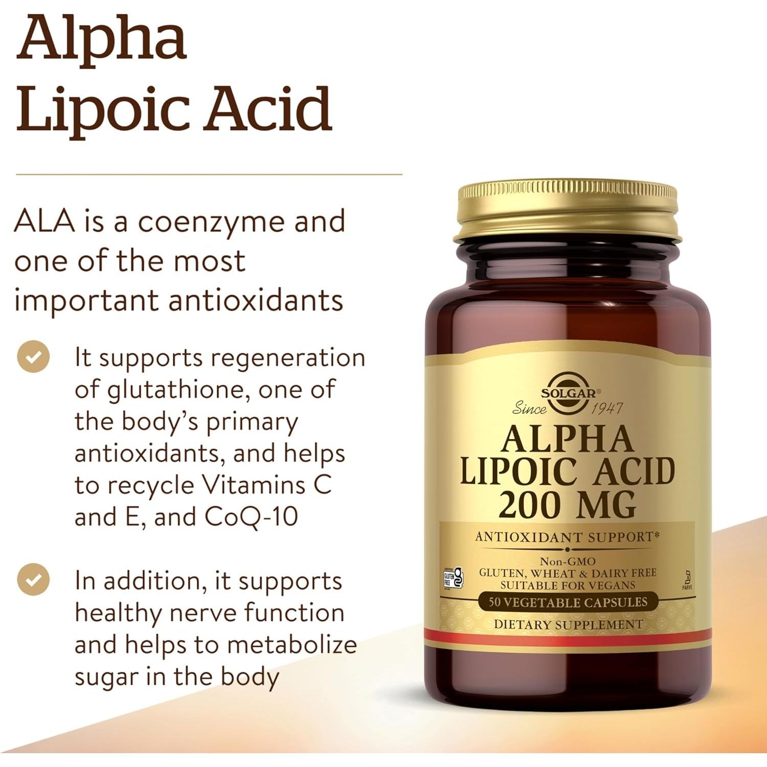 Solgar Alpha Lipoic Acid 200 Mg Vegetable Capsules - Food Supplement, Pack of 50 - Antioxidants - Vegan, Gluten Free