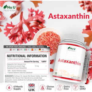 Astaxanthin 12Mg - 180 High Strength Softgel Capsules - 6 Month Supply - Powerful Antioxidant Supplement - Astaxanthin from Haemotococcus Pluvialis Algae - Made in the UK - Nu U Nutrition