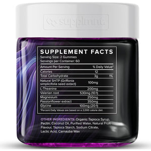 Supplmnt. Sleep Gummies for Adults | 2-Month Supply Sugar Free, Vegan – with Natural 5HTP Griffonia Seed & Valerian Root Extract, Magnesium, L-Theanine, Glycine | Grape Flavour Sleep Supplement, 120Ct