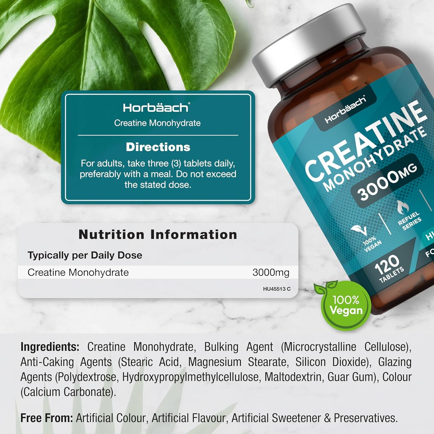 Creatine Monohydrate 3000Mg | 120 Creatine Tablets | High Strength | Pre and Post Workout Supplement for Men and Women | Suitable for Vegetarians and Vegans | by Horbaach