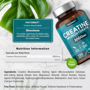Creatine Monohydrate 3000Mg | 120 Creatine Tablets | High Strength | Pre and Post Workout Supplement for Men and Women | Suitable for Vegetarians and Vegans | by Horbaach