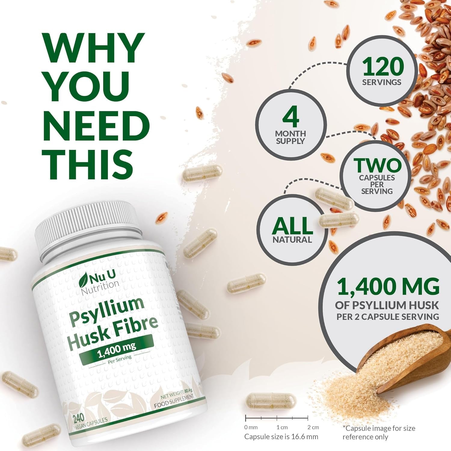 Psyllium Husk Fibre Supplement - 1400Mg per Serving - 240 Vegan Capsules - Natural Soluble Prebiotic Fiber from Plantago Ovata Seeds - Made in the UK - Nu U Nutrition