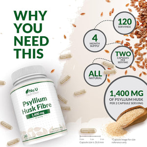 Psyllium Husk Fibre Supplement - 1400Mg per Serving - 240 Vegan Capsules - Natural Soluble Prebiotic Fiber from Plantago Ovata Seeds - Made in the UK - Nu U Nutrition