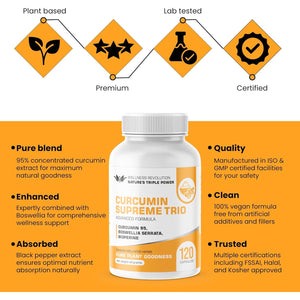 Curcumin Supreme Trio with Curcumin 95% Boswellia Serrata & Bioperine – High-Strength for Joint, Inflammation, and Immune Support – Vegan Capsules – Premium Absorption Formula
