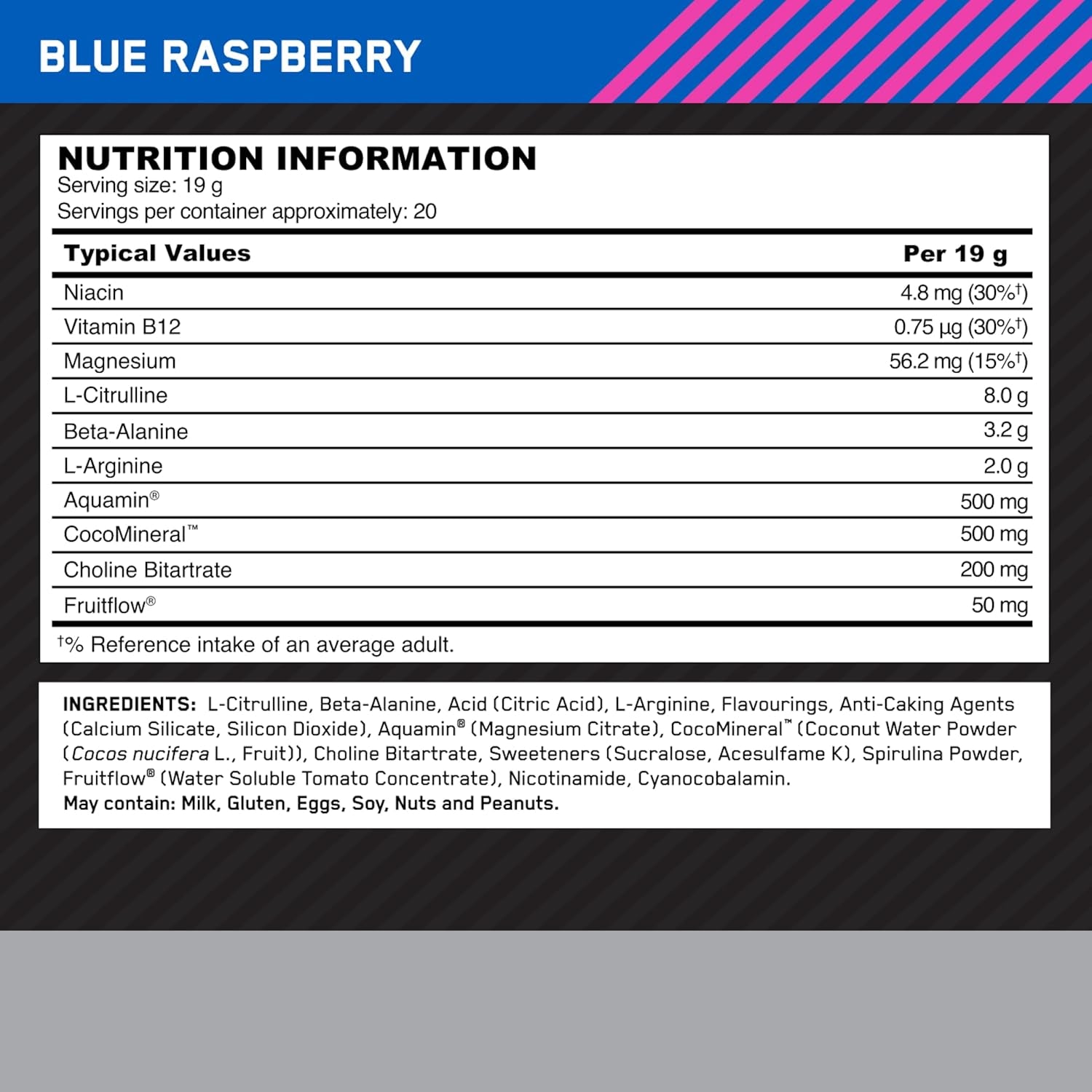 Optimum Nutrition on Platinum Pump Pre-Workout, Intense Caffeine-Free Pre-Workout Food Supplement with Fruitflow, Beta-Alanine, L-Arginine, L-Citrulline, Blue Raspberry Flavour, 20 Servings, 380 G