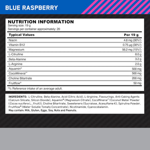 Optimum Nutrition on Platinum Pump Pre-Workout, Intense Caffeine-Free Pre-Workout Food Supplement with Fruitflow, Beta-Alanine, L-Arginine, L-Citrulline, Blue Raspberry Flavour, 20 Servings, 380 G