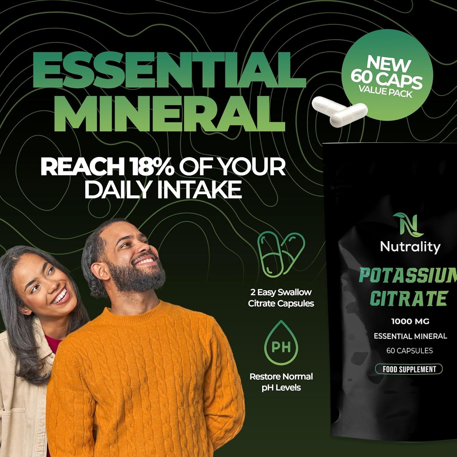 Nutrality Potassium Citrate 1000Mg | High Strength Potassium Supplement | Nervous System, Muscle Contraction, Keto-Friendly (60 Capsules)