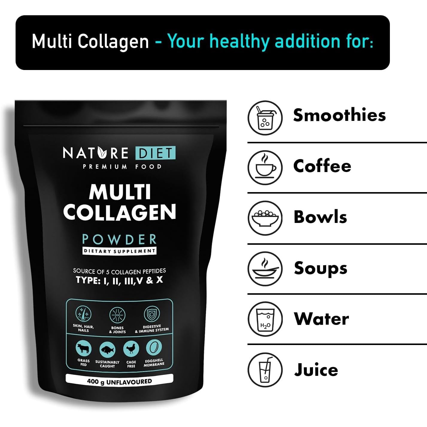 Nature Diet Multi Collagen Powder Unflavored 400G, Hydrolysed Highly Bioavailable Collagen Peptides Type: I, II, III, V and X, Protein Powder, Collagen Supplements for Woman