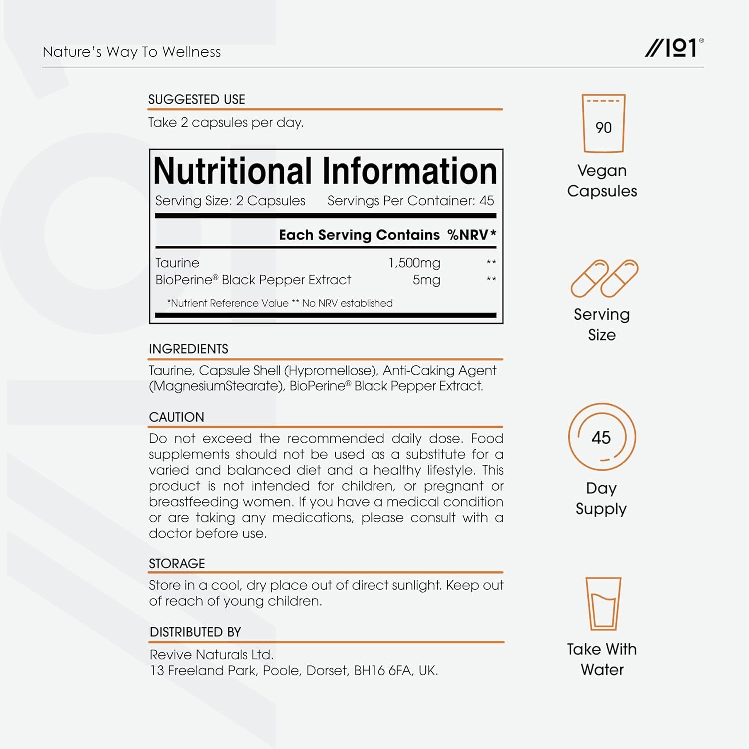 L-Taurine 1500Mg with Bioperine® - 90 Vegan Capsules - Potent Amino Acid Supplement - 45 Day Supply - by Alpha01