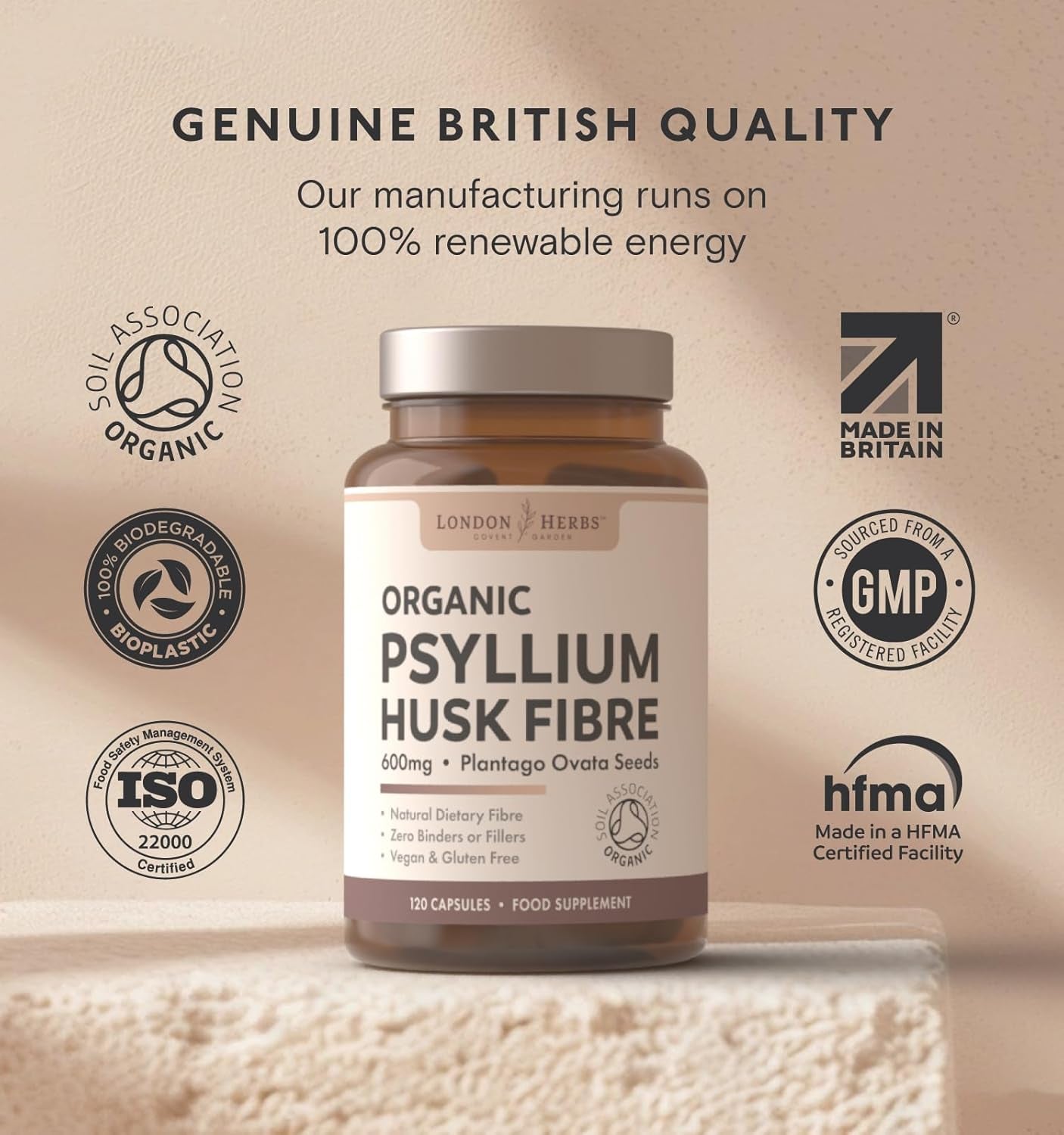 London Herbs Organic Psyllium Husk Capsules 1200Mg | High Strength Psyllium Husk Fibre Supplement | 120 Vegan Capsules | Daily Soluble Fibre Supplement