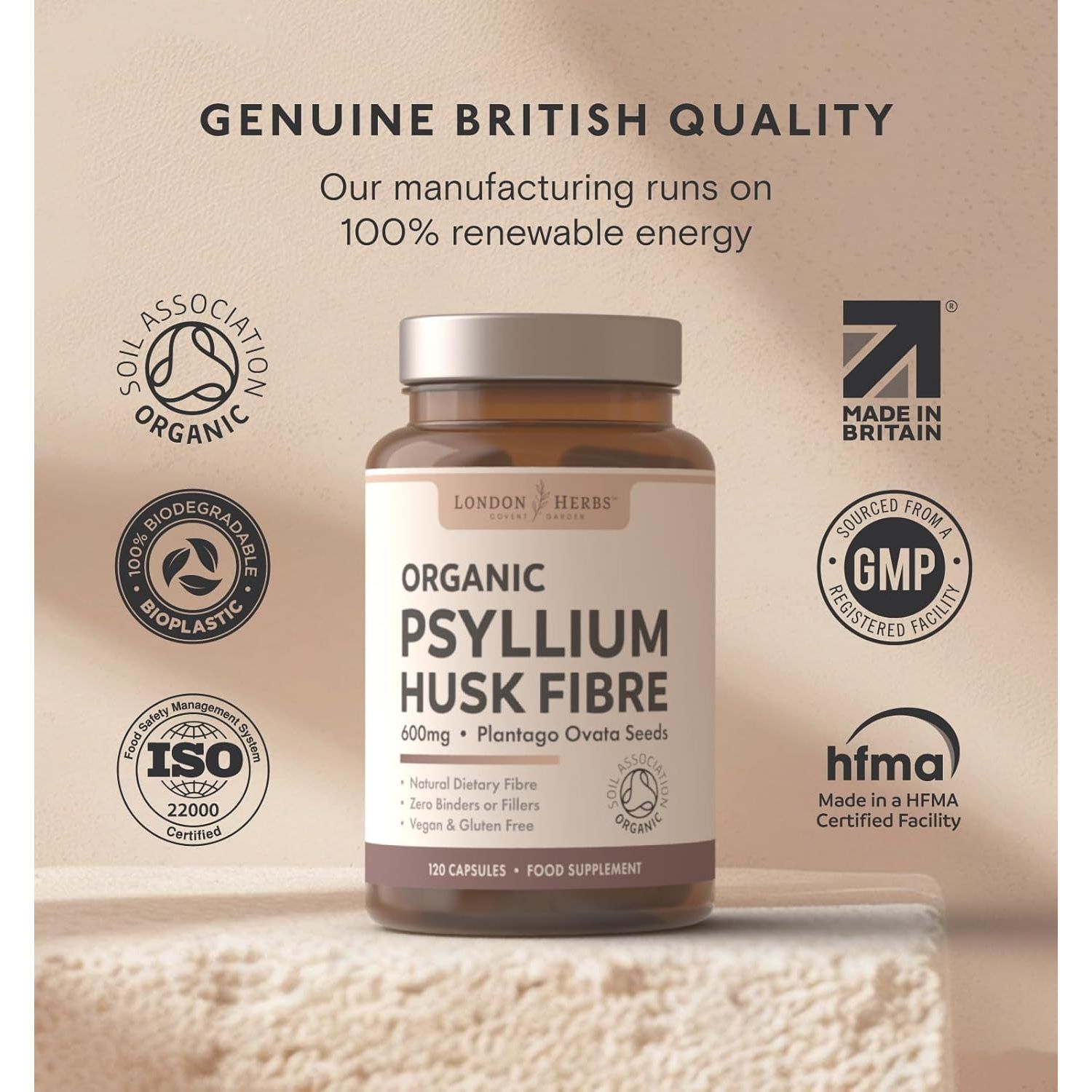 London Herbs Organic Psyllium Husk Capsules 1200Mg | High Strength Psyllium Husk Fibre Supplement | 120 Vegan Capsules | Daily Soluble Fibre Supplement