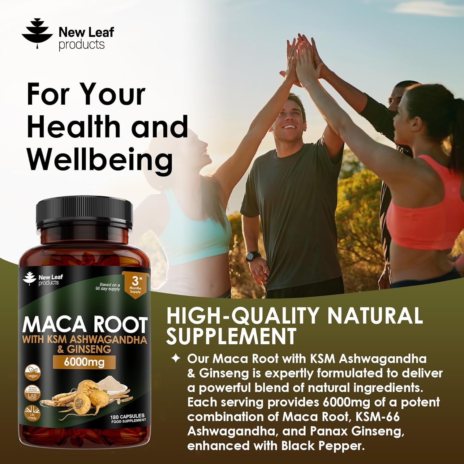 Maca Root Capsules with KSM Ashwagandha and Ginseng - 180 High Strength 6000Mg Maca Root + Ashwagandha KSM-66, Panax Ginseng & Black Pepper - Vegan Capsules Made in the UK