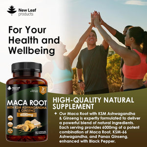 Maca Root Capsules with KSM Ashwagandha and Ginseng - 180 High Strength 6000Mg Maca Root + Ashwagandha KSM-66, Panax Ginseng & Black Pepper - Vegan Capsules Made in the UK