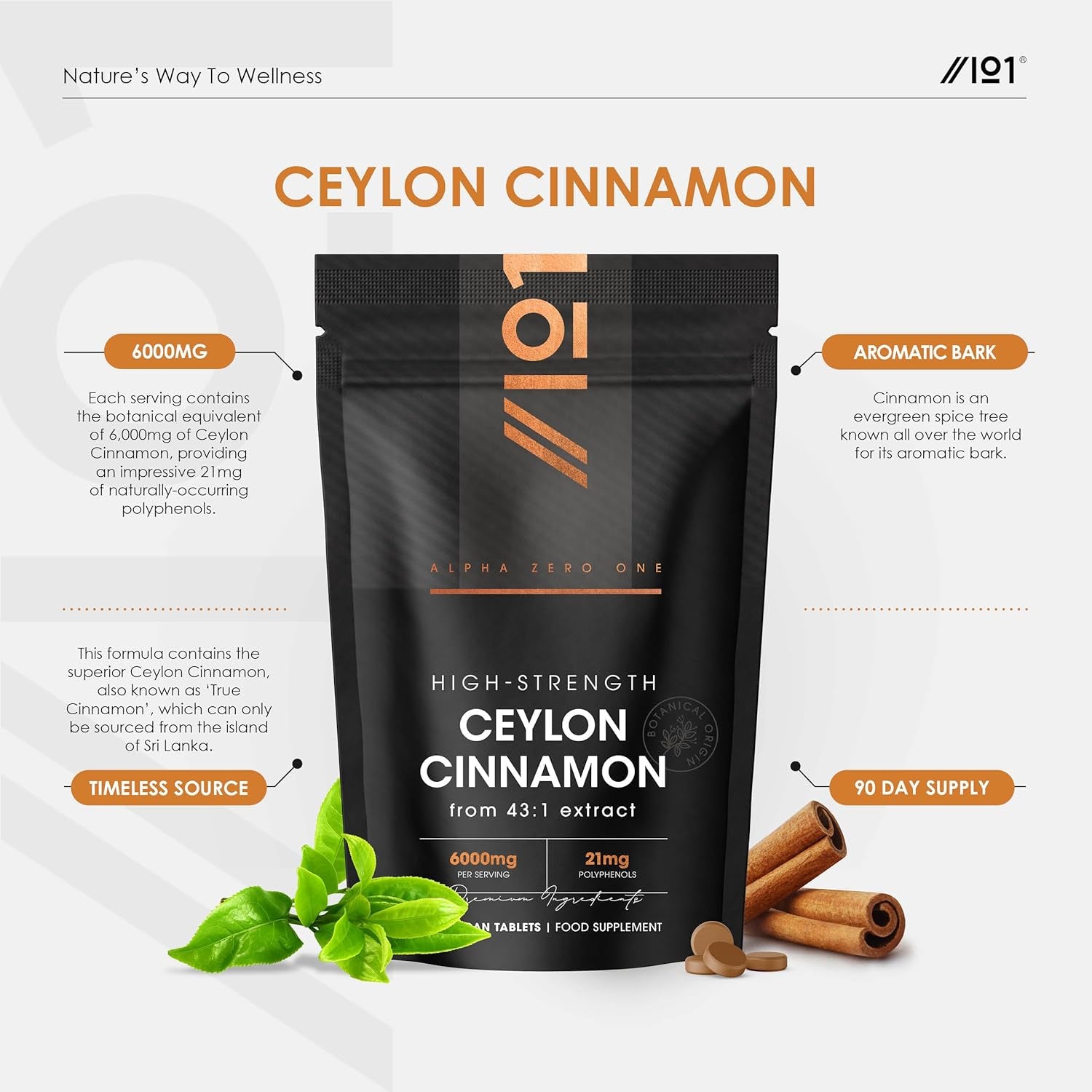 Cinnamon Extract 6000Mg - Standardised 15% Polyphenols from 43:1 Cinnamon Extract - 180 Vegan Tablets (6 Months Supply) – Resealable and Recyclable Pouch by Alpha01