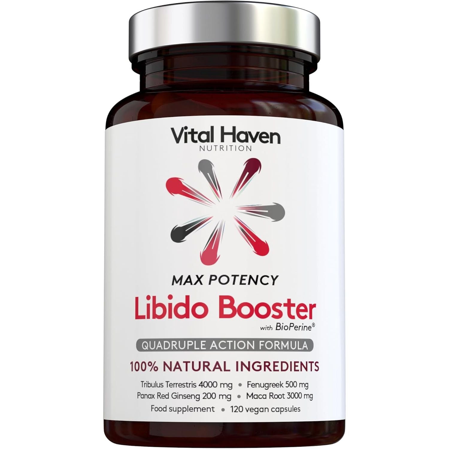 [Vital Haven] 4-In-1 Libido Booster - Maca Root + Tribulus Terrestris + Red Ginseng + Fenugreek with Bioperine for Maximum Absorption - Max Potency - 2-Month Supply - Vegan - Made in the UK