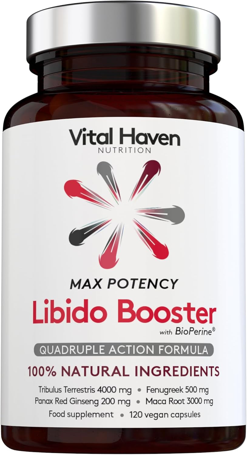 [Vital Haven] 4-In-1 Libido Booster - Maca Root + Tribulus Terrestris + Red Ginseng + Fenugreek with Bioperine for Maximum Absorption - Max Potency - 2-Month Supply - Vegan - Made in the UK