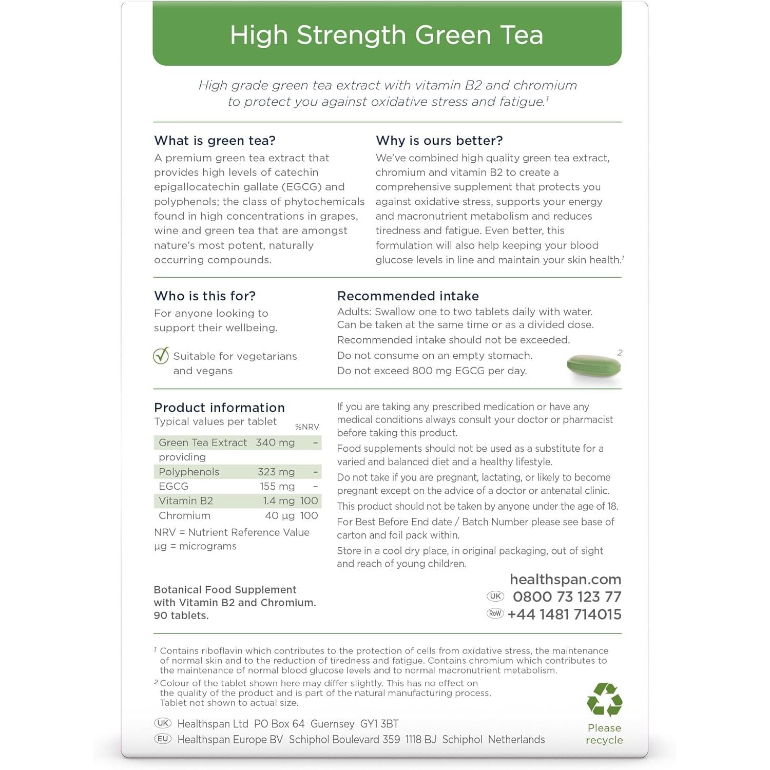 Healthspan High Strength Green Tea (90 Tablets) | with Chromium & Vitamin B2 to Maintain Normal Blood Glucose Levels | Protect Cells from Oxidative Stress | Vegan